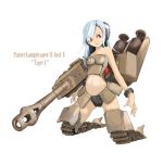  1girl bare_shoulders blue_hair bracelet cannon caterpillar_tracks character_name gun headset high_heels jewelry kneeling long_hair military military_vehicle nano navel original parted_lips personification red_eyes ringed_eyes smile solo tank tiger_(tank) vehicle weapon world_war_ii 