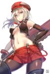  1girl alisa_ilinichina_amiella blue_eyes boots breasts elbow_gloves gloves god_eater god_eater_burst hat iria_(yumeirokingyo) long_hair midriff navel pantyhose simple_background skirt solo thigh-highs thigh_boots under_boob 