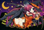  2girls :d absurdres ariko_youichi ass bare_shoulders blue_eyes boots bow breasts brown_hair cleavage crescent_moon flower halloween hat highres huge_filesize long_hair looking_at_viewer lying moon multiple_girls nakahara_akane nakahara_kaede on_back open_mouth panties pantyshot pumpkin redhead ribbon short_hair smile star thigh-highs thigh_boots trouble@spiral! underwear wings witch_hat 