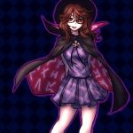 1girl brown_eyes brown_hair cape glasses hat long_sleeves low_twintails miata_(pixiv) open_mouth plaid quimbaya_airplane red-framed_glasses revision runes school_uniform shirt short_hair skirt smile solo touhou twintails usami_sumireko 