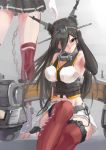  2girls absurdres bare_shoulders black_hair commentary_request crossed_legs elbow_gloves gloves hair_over_one_eye hairband halter_top halterneck headgear highres kantai_collection long_hair miniskirt multiple_girls mutsu_(kantai_collection) nagato_(kantai_collection) red_eyes red_legwear sitting sketch skirt standing worst_(am-worst) 