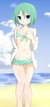  1girl beach bikini blue_eyes blush frilled_bikini frills green_bikini green_hair highres iwasaki_minami looking_at_viewer lucky_star ocean short_hair smile solo standing swimsuit watage_(lucky_yyg) 