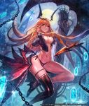  1girl black_legwear blonde_hair breasts chain cleavage gem groin high_heels horns lack light_smile lord_of_vermilion_iii navel pointy_ears red_eyes single_thighhigh solo string_panties thigh-highs wings 