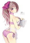  1girl alternate_costume apron bikini breasts brown_hair hair_ornament hair_ribbon hairclip highres kantai_collection kappougi large_breasts long_hair looking_at_viewer mamiya_(kantai_collection) midriff nearly_naked_apron ponytail purple_bikini ribbon side-tie_bikini simple_background smile solo swimsuit tbd11 tray 