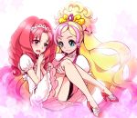  2girls akagi_towa aqua_eyes blonde_hair blush carrying choker cure_flora go!_princess_precure gradient_hair haruno_haruka legs long_hair magical_girl multicolored_hair multiple_girls mytyl pink_hair precure princess_carry red_eyes redhead two-tone_hair 