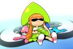  1girl bike_shorts closed_eyes domino_mask haruka_(niconico) inkling long_hair mask orange_hair shoes sitting smile sneakers solo splatoon squid tentacle_hair 