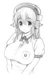  1girl blush breasts closed_mouth female headphones large_breasts long_hair looking_at_viewer monochrome nitroplus simple_background smile solo super_sonico tsuji_santa upper_body white_background 