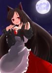  1girl animal_ears blush breasts brooch brown_hair cleavage collarbone dress fang fingernails full_moon highres imaizumi_kagerou jewelry long_hair long_sleeves looking_at_viewer moon nail_polish nama_shirasu open_mouth red_eyes sky solo star star_(sky) starry_sky touhou wolf_ears 