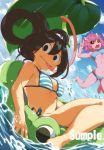  2girls ashido_mina asui_tsuyu bangs bikini black_eyes black_hair black_sclera blue_bikini blue_sky boku_no_hero_academia breasts cleavage clouds cloudy_sky engrish frog g_yuusuke hair_between_eyes hair_rings hair_up highres horns innertube jumping leaf_umbrella long_tongue multiple_girls no_nose open_mouth outdoors pink_hair pink_skin ranguage sample short_hair sideboob sky striped striped_bikini striped_swimsuit swimsuit tongue tongue_out under_boob vertical-striped_bikini vertical_stripes water yellow_eyes 