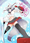  1girl animal_ears ayakase_riberi black_legwear breasts dated detached_sleeves geta hat inubashiri_momiji large_breasts looking_at_viewer midriff navel pom_pom_(clothes) red_eyes shield short_hair signature silver_hair skirt solo sword tail thigh-highs tokin_hat touhou weapon wolf_ears wolf_tail 