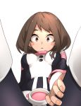  1girl alternate_eye_color blush_stickers bodysuit boku_no_hero_academia brown_hair fingernails hand_on_thigh pink_eyes short_hair sidelocks simple_background solo spread_legs uraraka_ochako usasaki_shiro white_background 