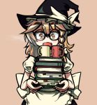  1girl awa_(bihidasu) bespectacled black-framed_glasses blonde_hair book_stack bookmark condensation_trail cup eyelashes fang glasses hat holding kirisame_marisa long_hair looking_at_viewer mug open_mouth puffy_sleeves sepia_background short_sleeves simple_background solo touhou upper_body witch_hat yellow_eyes 