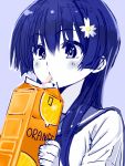  1girl flower hair_flower hair_ornament juice_box kawakami_masaki long_hair orange_juice saten_ruiko school_uniform serafuku sipping spot_color straw to_aru_kagaku_no_railgun to_aru_majutsu_no_index 