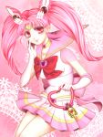  1girl bell big_hair bishoujo_senshi_sailor_moon bow chibi_usa choker circlet cowboy_shot crystal_carillon doily double_bun elbow_gloves eyelashes finger_to_cheek gloves hair_ornament heart holding light_smile long_hair magical_girl older pink_eyes pink_hair pink_ribbon pleated_skirt red_bow ribbon sailor_chibi_moon sailor_collar skirt solo super_sailor_chibi_moon teenage twintails white_gloves yuh_(purewhite_doll) 