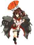  1girl between_fingers black_legwear brown_hair cherry_blossoms detached_sleeves full_body hair_intakes holding holding_umbrella kantai_collection long_hair long_sleeves machinery miniskirt orange_eyes oriental_umbrella pleated_skirt ponytail red_skirt shirubaburu simple_background single_thighhigh skirt sleeves_past_wrists solo thigh-highs thigh_strap umbrella white_background yamato_(kantai_collection) 