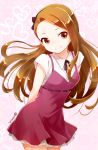  1girl brown_eyes brown_hair dated dress heart heart_background idolmaster long_hair minase_iori nagian red_dress ribbon-trimmed_clothes ribbon_trim smile solo 