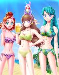  3girls alcohol amanogawa_kirara animal_on_head aroma_(go!_princess_precure) beer bikini bird bird_on_head blue_eyes blue_hair brown_hair female go!_princess_precure haruno_haruka kaidou_minami long_hair multiple_girls precure sasaji short_hair standing swimsuit violet_eyes 