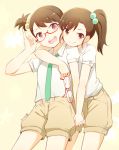  :d adjusting_glasses arm_around_neck bespectacled brown_eyes brown_hair futami_ami futami_mami glasses hair_bobbles hair_ornament holding holding_glasses holding_hands idolmaster interlocked_fingers nagian necktie open_mouth shirt shorts siblings side_ponytail sisters smile twins white_shirt 