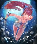  1girl :d air_bubble bangs bikini blunt_bangs long_hair open_mouth original ponytail red_eyes redhead shovelwall smile solo swimming swimsuit sword underwater weapon 