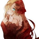  1girl bare_shoulders blonde_hair blood blood_on_face bloody_clothes blue_eyes dragon_nest dress evil_smile finger_to_mouth from_side grin knife long_hair looking_at_viewer red_dress shang_xiao_(slick321) smile solo white_background 