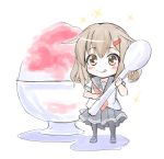  1girl blush_stickers brown_eyes brown_hair chibi commentary_request fujishima_shinnosuke ikazuchi_(kantai_collection) kantai_collection licking_lips neckerchief school_uniform serafuku shaved_ice short_hair skirt solo sparkle spoon tongue tongue_out 