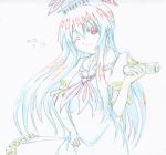  1girl blue_hair bow colored_pencil_(medium) dated dress hand_on_hip hat highres kamishirasawa_keine long_hair one_eye_closed pink_x red_eyes ribbon scroll sketch smile solo touhou traditional_media 