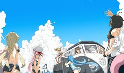  6+girls ^_^ adjusting_clothes adjusting_swimsuit arms_behind_back ass bikini bikini_skirt black_bikini black_hair blonde_hair blue_hair blue_sky blue_swimsuit braid brown_hair camera casual_one-piece_swimsuit closed_eyes clouds from_behind from_below hair_over_shoulder hair_ribbon hairband harusame_(kantai_collection) hat innertube jacket kantai_collection long_hair multiple_girls murasame_(kantai_collection) ninimo_nimo off_shoulder one-piece_swimsuit open_mouth pink_hair ribbon samidare_(kantai_collection) sarong shading_eyes shigure_(kantai_collection) shiratsuyu_(kantai_collection) side_ponytail single_braid sky straw_hat sun_hat sunlight suzukaze_(kantai_collection) swimsuit twintails very_long_hair volkswagen yuudachi_(kantai_collection) 