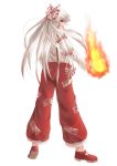  1girl bow burning_hand fire fujiwara_no_mokou hair_bow highres long_hair looking_at_viewer profile red_eyes silver_hair smile smoking solo suspenders touhou weiyinji_xsk white_background 