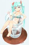  1girl :q aqua_eyes aqua_hair barefoot bikini breasts cleavage cup dated drinking_glass drinking_straw hair_ribbon hatsune_miku in_container in_cup nagian oversized_object ribbon solo swimsuit tongue tongue_out vocaloid 