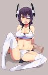  1girl :o belly_grab bikini blush breasts cleavage disembodied_limb full_body gomashi_(goma) hair_between_eyes headgear highres kantai_collection large_breasts navel open_mouth purple_hair short_hair simple_background sitting solo swimsuit tankini tenryuu_(kantai_collection) thigh-highs white_bikini white_legwear white_swimsuit yellow_eyes 