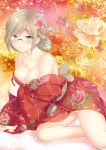  1girl bare_shoulders blush breasts flower folded_ponytail glasses green_eyes hair_flower hair_ornament izumi_akane japanese_clothes kantai_collection katori_(kantai_collection) kimono large_breasts looking_at_viewer off_shoulder panties pantyshot smile solo underwear upskirt 