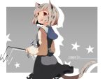  1girl animal_ears capelet character_name dowsing_rod grey_background grey_hair hasebe_yuusaku jewelry long_sleeves looking_at_viewer looking_back mouse_ears mouse_tail nazrin necklace open_mouth red_eyes shirt short_hair skirt skirt_set solo star tail touhou vest 