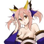  1girl \n/ animal_ears bare_shoulders bow breasts caster_(fate/extra) cleavage collarbone detached_sleeves fate/extra fate_(series) fox_ears hair_bow hair_ribbon heart japanese_clothes large_breasts looking_at_viewer open_mouth pink_hair ribbon solo twintails yellow_eyes 