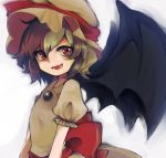  1girl arm_garter bat_wings blue_hair brooch doryata dress fang hat hat_ribbon jewelry looking_away mob_cap open_mouth puffy_short_sleeves puffy_sleeves red_eyes red_ribbon remilia_scarlet ribbon short_hair short_sleeves silver_hair solo touhou white_background white_dress white_hat wings 