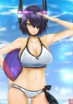  1girl ball bare_shoulders beachball bikini breasts cleavage eyepatch headgear highres kantai_collection looking_at_viewer navel norman_maggot purple_hair salute short_hair smile solo swimsuit tenryuu_(kantai_collection) white_bikini white_swimsuit yellow_eyes 