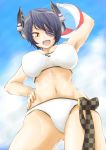  1girl armpits ball bare_arms beach beachball breasts cleavage commentary_request eyepatch from_below hair_between_eyes hand_on_hip headgear highres kantai_collection kumimin large_breasts looking_at_viewer midriff navel open_mouth short_hair solo swimsuit tenryuu_(kantai_collection) white_swimsuit yellow_eyes 