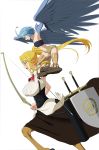  2girls ahoge animal_ears arrow blonde_hair blue_eyes blue_hair blue_wings bow_(weapon) breasts centaur centorea_shianus falconry feathered_wings harpy horse_ears large_breasts long_hair monster_girl monster_musume_no_iru_nichijou mr._metabo multiple_girls navel papi_(monster_musume) ponytail quiver sheath sheathed shield short_shorts shorts simple_background single_elbow_glove small_breasts sword talons weapon white_background wings yellow_eyes 
