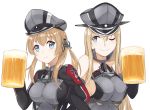  2girls ;) alcohol anchor_hair_ornament artist_request bare_shoulders beer beer_mug bismarck_(kantai_collection) black_ribbon blonde_hair blue_eyes breasts cup hair_ornament hair_ribbon hat kantai_collection locked_arms long_hair long_sleeves military military_uniform mug multiple_girls one_eye_closed peaked_cap prinz_eugen_(kantai_collection) ribbon sideboob simple_background smile twintails uniform upper_body white_background 