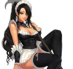  1girl :q bangs black_legwear boots breasts cherrylich cleavage cleavage_cutout corset earrings facial_mark green_eyes highres jewelry large_breasts league_of_legends long_hair looking_at_viewer maid_headdress nidalee polearm ponytail sitting smile solo swept_bangs thigh-highs thigh_boots tongue tongue_out unfinished weapon wrist_cuffs 