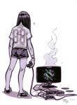  androgynous broken commentary controller converse dualshock from_behind full_body game_console game_controller gamepad long_hair mike_nesbitt original playstation shoes shorts sneakers solo standing t-shirt television 
