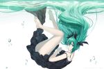  1girl artist_name black_dress blue_eyes bubble dress green_hair hair_ribbon hatsune_miku hews_hack long_hair looking_at_viewer ribbon shinkai_shoujo_(vocaloid) solo thighs underwater very_long_hair vocaloid 