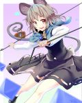  1girl animal_ears basket capelet dowsing_rod gem grey_hair highres ishikkoro jewelry long_sleeves looking_at_viewer mouse mouse_ears mouse_tail nazrin neckerchief open_mouth pendant red_eyes shirt skirt skirt_set smile solo tail touhou vest 