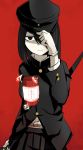  1girl akitsu_maru_(kantai_collection) black_hair gloves hat ido_(teketeke) kantai_collection lantern short_hair sword uniform weapon 