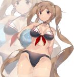  1girl adapted_costume arm_behind_back arms_behind_back ball bare_arms bare_legs bare_shoulders beachball bikini black_bikini blush breasts brown_eyes brown_hair choker cowboy_shot from_below front-tie_top kantai_collection light_brown_hair long_hair looking_at_viewer looking_down makaiko murasame_(kantai_collection) solo swimsuit twintails very_long_hair zoom_layer 