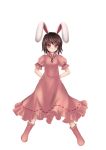  1girl animal_ears black_hair carrot_necklace dress hands_on_hips highres inaba_tewi jewelry looking_at_viewer necklace rabbit_ears red_eyes ribbon_trim short_hair smile solo touhou weiyinji_xsk white_background 