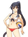  1girl abo_(hechouchou) ball beachball bikini black_hair breasts cleavage collarbone contrapposto hand_on_hip kantai_collection long_hair navel ponytail red_eyes smile solo swimsuit very_long_hair yahagi_(kantai_collection) 