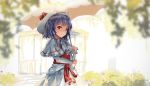 1girl capelet curiosities_of_lotus_asia dress highres holding_umbrella lavender_hair long_sleeves looking_at_viewer mob_cap newnand no_wings outdoors red_eyes remilia_scarlet short_hair smile touhou white_dress 