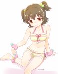  1girl akagi_miria anklet arm_support barefoot bracelet brown_eyes brown_hair collarbone idolmaster idolmaster_cinderella_girls jewelry nagian pom_pom_(clothes) ribbon-trimmed_underwear ribbon_trim short_shorts shorts smile solo two_side_up underwear 