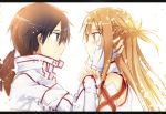  1boy 1girl asuna_(sao) black_eyes black_hair brown_eyes brown_hair couple eye_contact fingerless_gloves gloves hands_on_another&#039;s_face kirito long_hair looking_at_another mizuna_mizuna short_hair sword_art_online 