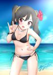  1girl :d \m/ beach bikini black_bikini black_hair blush bow clouds flower hair_flower hair_ornament hand_on_hip highres kuri_youkan looking_at_viewer love_live!_school_idol_project midriff navel open_mouth panties red_eyes short_hair side-tie_bikini sky smile solo swimsuit twintails underwear water white_panties yazawa_nico 